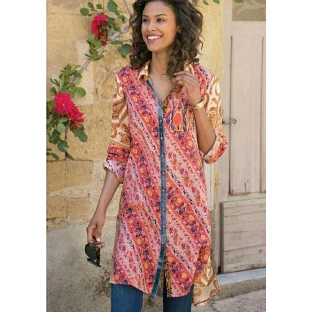 Soft Surroundings Brynn Boho Paisley Colorful Mixed Print Velvet Trim Tunic 3X
